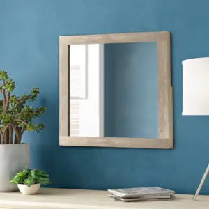 Transitional Style Grained Wood Encased Square Mirror,Cream By Casagear Home