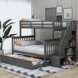 Bunk Beds Twin Over Full Size,Solid Wood Bunk Bed with Trundle for Kids