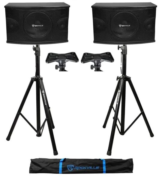 Pair Rockville KPS10 10x22 3-Way 1200 Watt MDF Karaoke/Pro Speakers+Tripod Stands